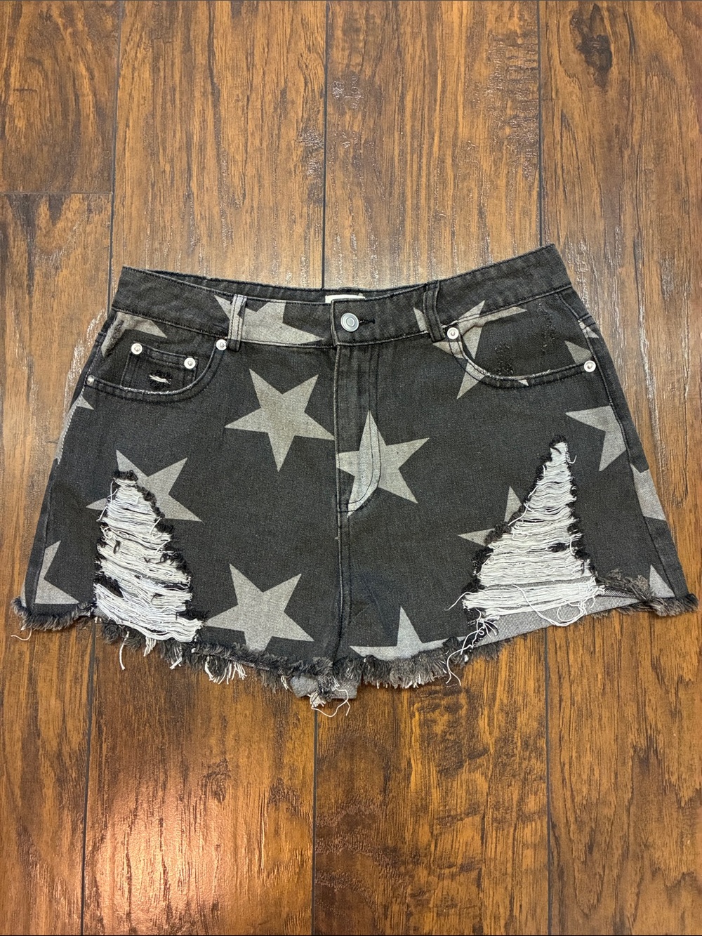 Black Star Print Distressed Denim Jean Shorts